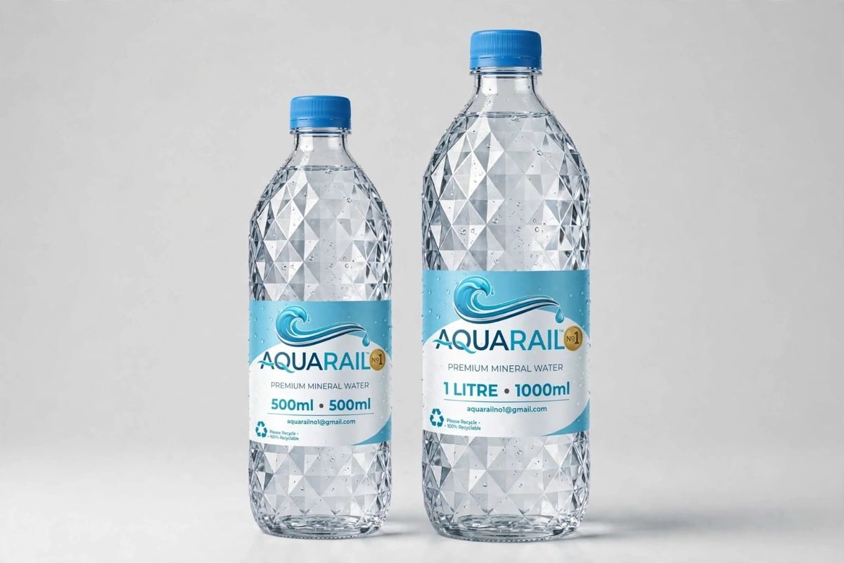 AquaRail No.1 bottles — 500 ml and 1 litre, faceted PET body, blue closure, wave logo label